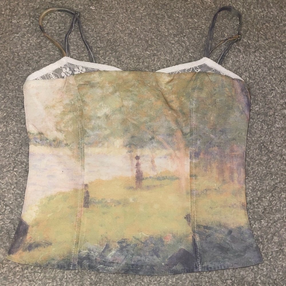 Edikted XS Corset Tank Top – Lace Trim, Pastel Impressionist Print